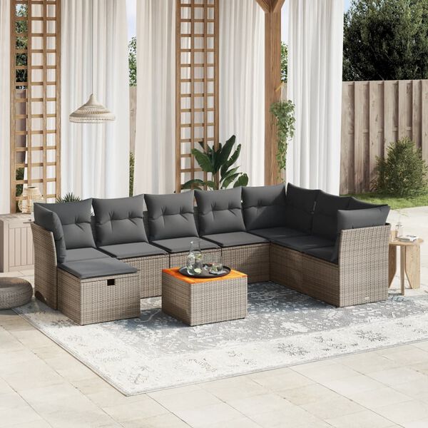 vidaXL Salon de jardin 9 pcs avec coussins gris r&eacute;sine tress&eacute;e
