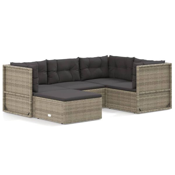 vidaXL Salon de jardin 5 pcs avec coussins Gris R&eacute;sine tress&eacute;e