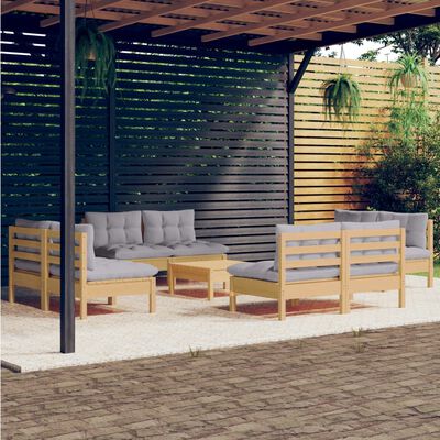 vidaXL Salon de jardin 9 pcs avec coussins gris bois de pin