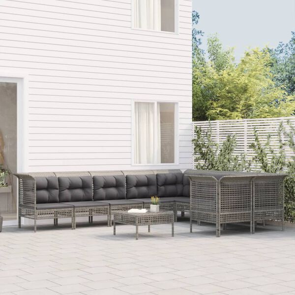 vidaXL Salon de jardin 10 pcs avec coussins Gris R&eacute;sine tress&eacute;e