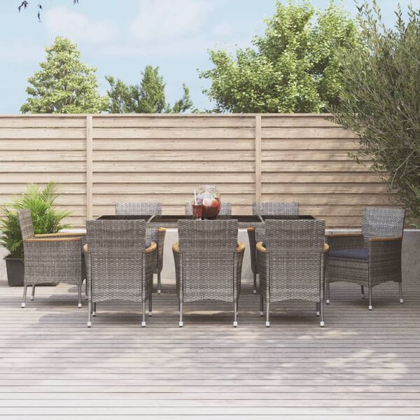 vidaXL Ensemble &agrave; manger de jardin 9 pcs coussins gris r&eacute;sine tress&eacute;e
