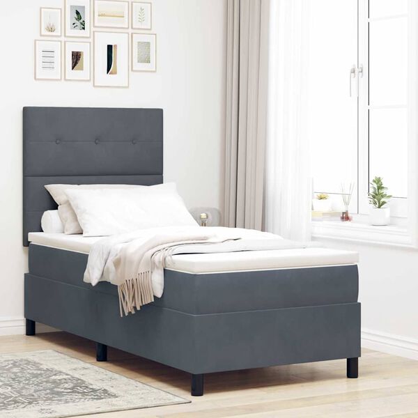 vidaXL Lit &agrave; ressort LED avec matelas Gris fonc&eacute; 90 x 190 cm tissu