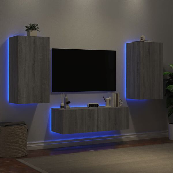 vidaXL Meuble TV muraux 3 pcs avec lumi&egrave;res LED sonoma gris