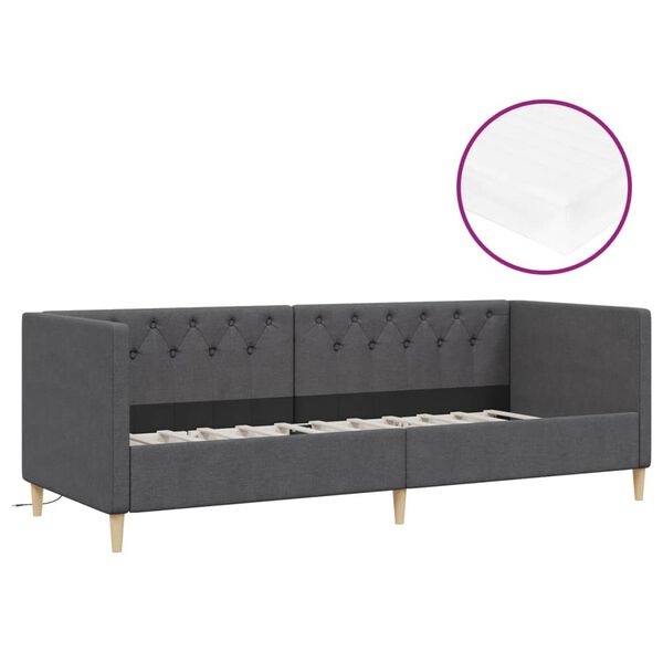vidaXL Lit avec matelas et USB Gris fonc&eacute; Tissu 90x200 cm