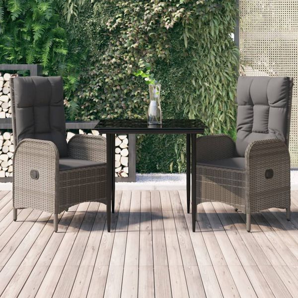 vidaXL Ensemble &agrave; manger jardin 3pcs avec coussins noir et gris