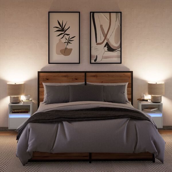 vidaXL Tables de chevet murales avec lumi&egrave;res LED 2 pcs blanc