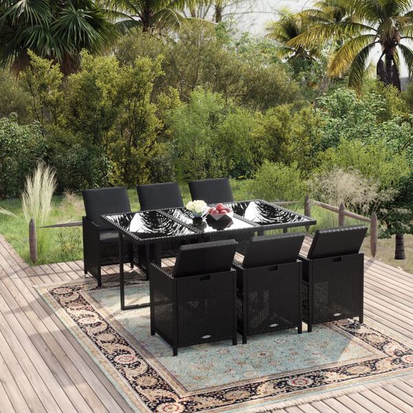 vidaXL Ensemble &agrave; manger de jardin coussins 7pcs R&eacute;sine tress&eacute;e Noir