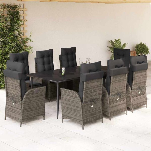 vidaXL Ensemble &agrave; manger de jardin 9 pcs coussins gris r&eacute;sine tress&eacute;e