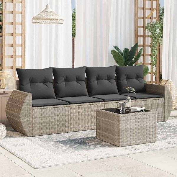 vidaXL Salon de jardin 5 pcs avec coussins gris clair r&eacute;sine tress&eacute;e