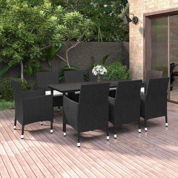 vidaXL Ensemble &agrave; manger de jardin coussins 9 pcs R&eacute;sine tress&eacute;e Verre