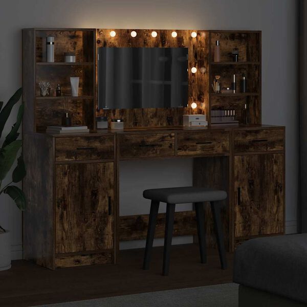 vidaXL Ensemble de table de maquillage avec LED 3 pcs Ch&ecirc;ne fum&eacute;