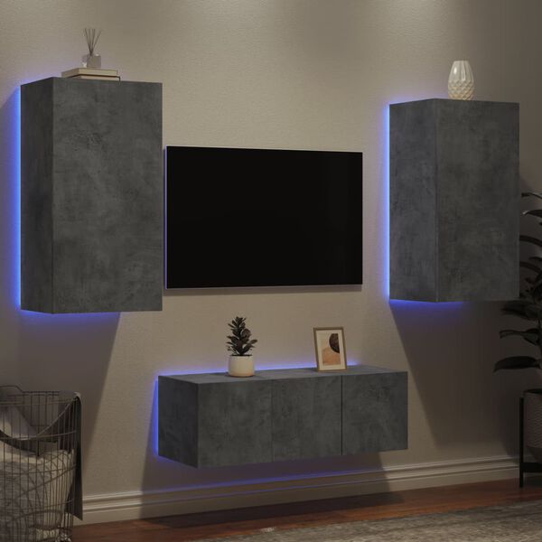 vidaXL Unit&eacute;s murales TV avec LED 4 pcs gris b&eacute;ton bois d'ing&eacute;nierie