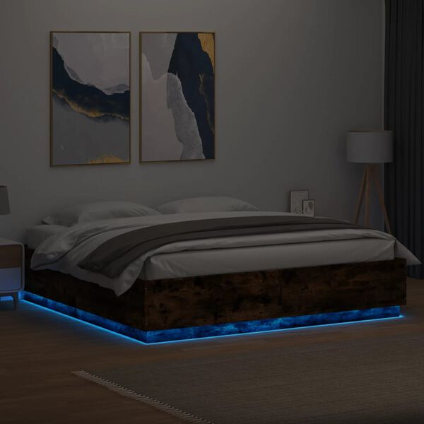 vidaXL Cadre de lit avec LED sans matelas ch&ecirc;ne fum&eacute; 200x200 cm