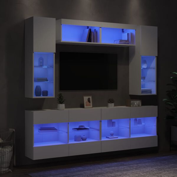 vidaXL Ensemble de meubles TV muraux 6 pcs avec lumi&egrave;res LED blanc