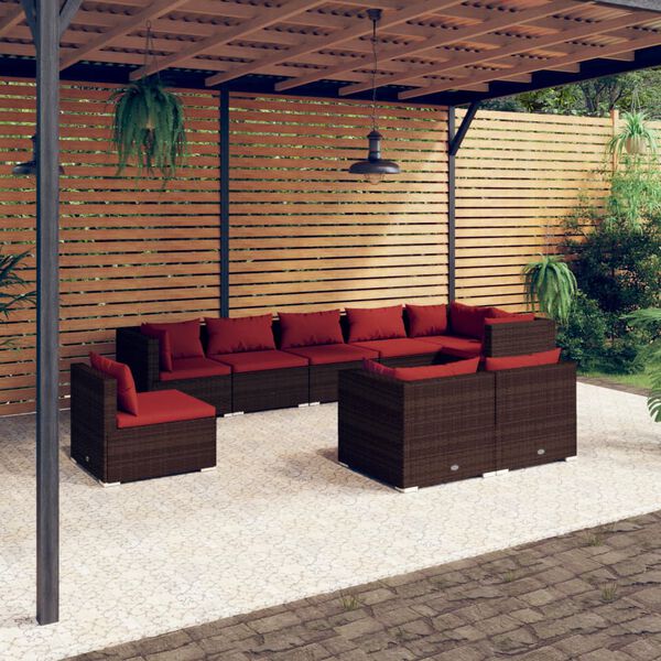 vidaXL Salon de jardin 9 pcs avec coussins Résine tressée Marron