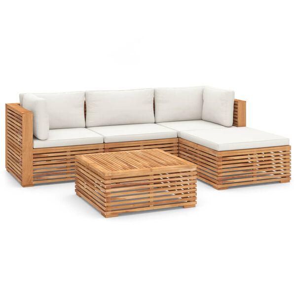 vidaXL Salon de jardin 5 pcs avec coussin cr&egrave;me bois de teck solide