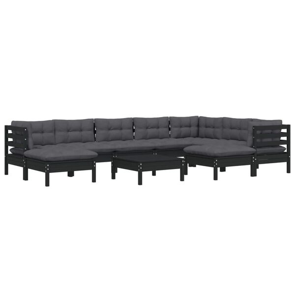 vidaXL Salon de jardin 10 pcs avec coussins Noir Bois de pin massif