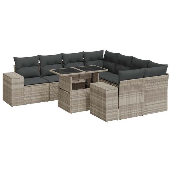 vidaXL Salon de jardin 9 pcs avec coussins gris clair résine tressée