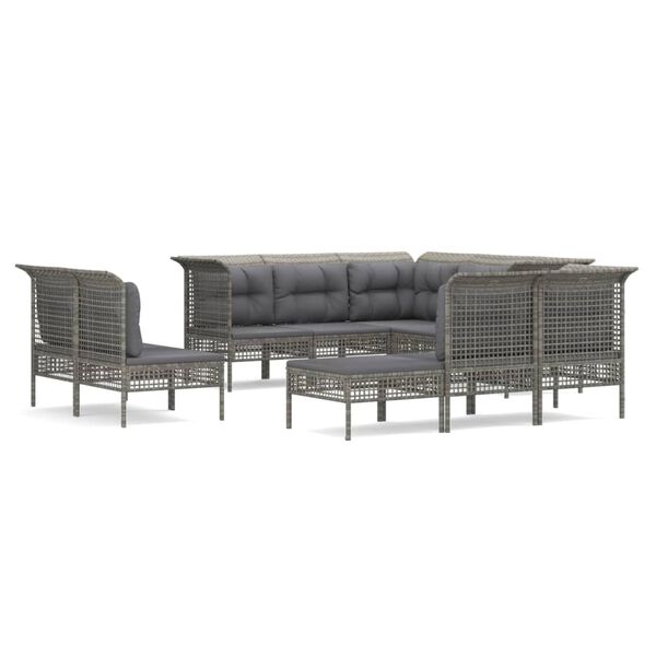 vidaXL Salon de jardin 10 pcs avec coussins Gris R&eacute;sine tress&eacute;e