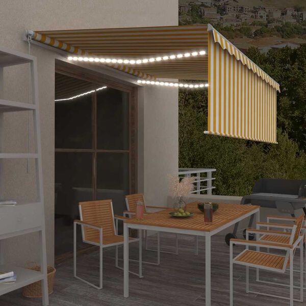 vidaXL Auvent manuel rétractable avec store et LED 4x3m Jaune et blanc