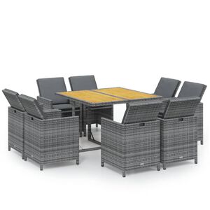 vidaXL Ensemble &agrave; manger de jardin coussins 9pcs R&eacute;sine tress&eacute;e Gris