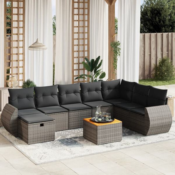 vidaXL Salon de jardin 9 pcs avec coussins gris r&eacute;sine tress&eacute;e