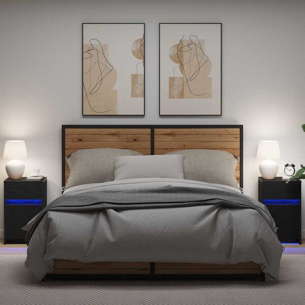 vidaXL Armoire de chevet LED 2 pcs Ch&ecirc;ne noir 38 x 34 x 61 cm
