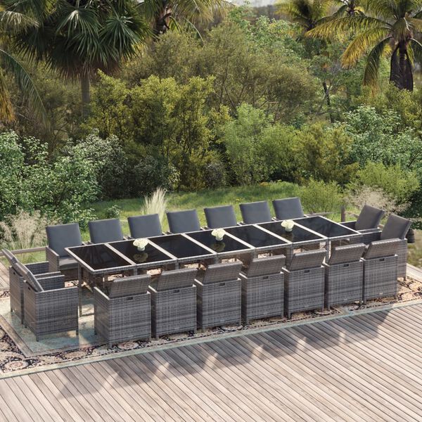 vidaXL Ensemble &agrave; manger de jardin coussins 19 pcs R&eacute;sine tress&eacute;e Gris