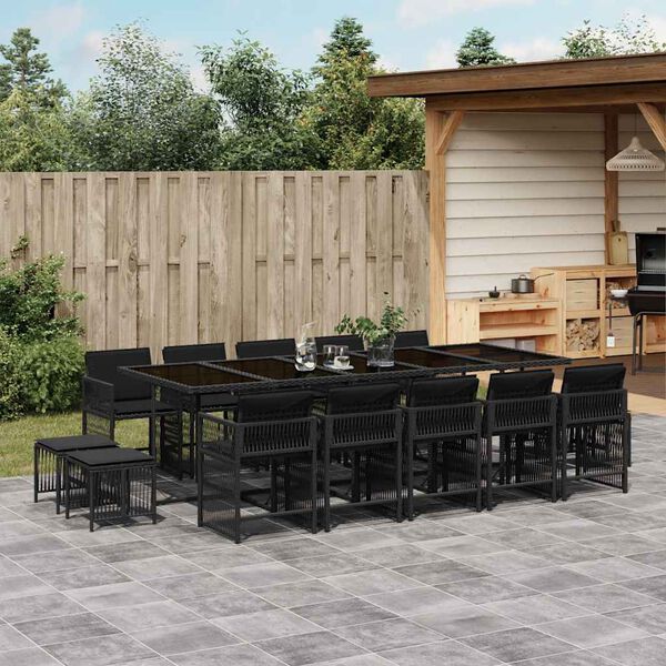 vidaXL Ensemble &agrave; manger de jardin 15 pcs coussins noir r&eacute;sine tress&eacute;e