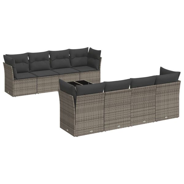 vidaXL Salon de jardin 9 pcs avec coussins gris r&eacute;sine tress&eacute;e