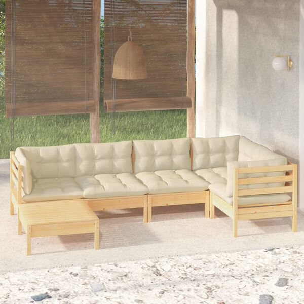 vidaXL Salon de jardin 6 pcs avec coussins crème Bois de pin massif