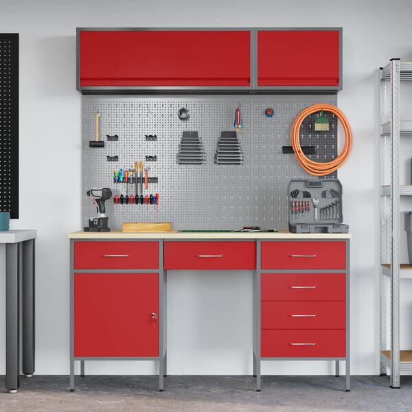 vidaXL Placard de travail 8 pcs Rouge Bois d'ing&eacute;nierie et acier