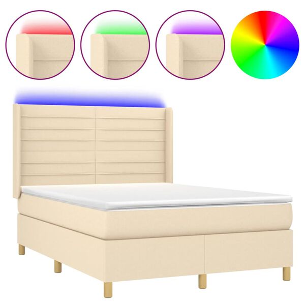 vidaXL Sommier &agrave; lattes de lit matelas et LED Cr&egrave;me 140x200 cm Tissu