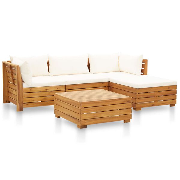 vidaXL Salon de jardin 5 pcs avec coussins Acacia solide Blanc cr&egrave;me