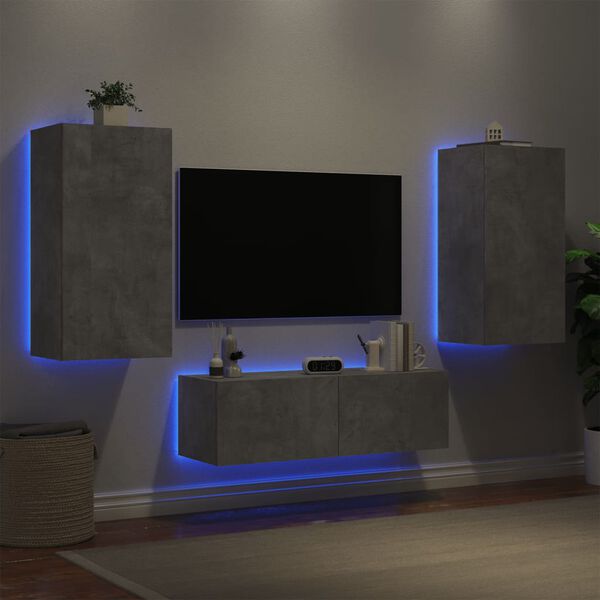 vidaXL Meuble TV muraux 3 pcs avec lumi&egrave;res LED gris b&eacute;ton