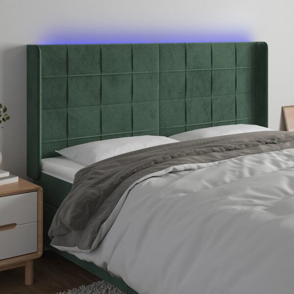 vidaXL T&ecirc;te de lit &agrave; LED Vert fonc&eacute; 203x16x118/128 cm Velours