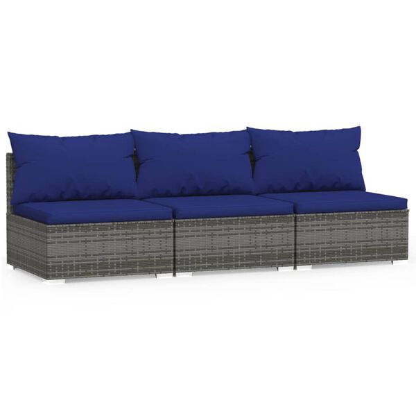 vidaXL Canap&eacute; 3 places avec coussins Gris R&eacute;sine tress&eacute;e