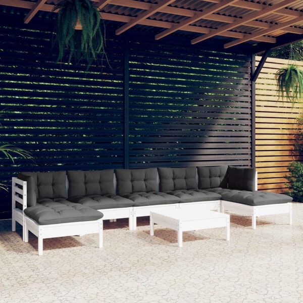 vidaXL Salon de jardin 8 pcs avec coussins blanc bois de pin