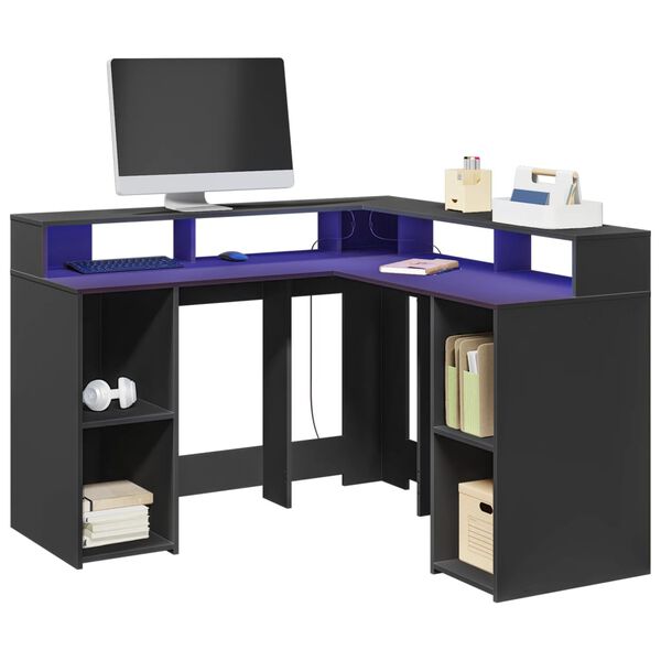 vidaXL Bureau avec lumières LED noir 130x130x91 cm bois d'ingénierie