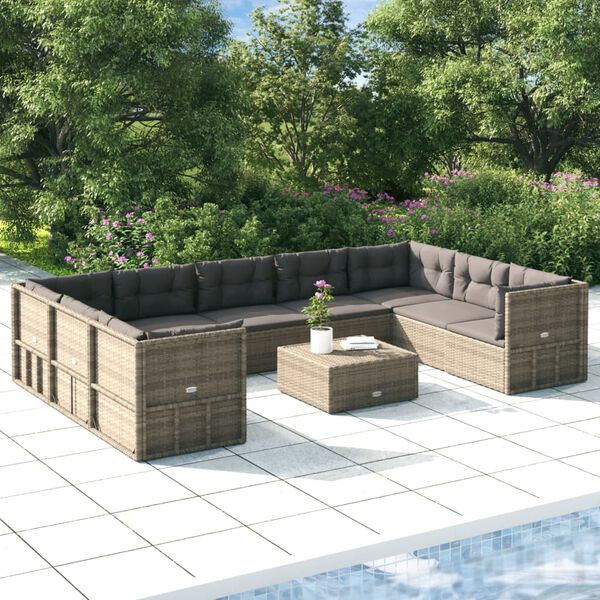 vidaXL Salon de jardin 9 pcs avec coussins Gris R&eacute;sine tress&eacute;e