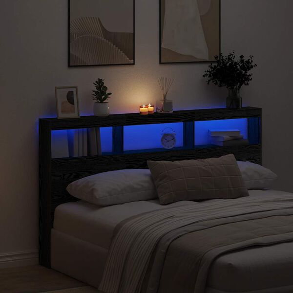 vidaXL Armoire t&ecirc;te de lit avec LED ch&ecirc;ne noir 180x17x102 cm