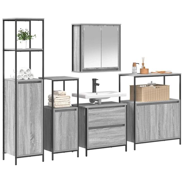 vidaXL Ensemble de mobilier de salle de bain avec &eacute;tag&egrave;re 5 pcs Gris
