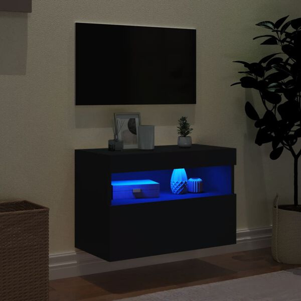 vidaXL Meuble TV mural avec lumi&egrave;res LED noir 60x30x40 cm
