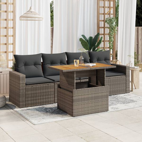 vidaXL Salon de jardin 5 pcs avec coussins gris r&eacute;sine tress&eacute;e