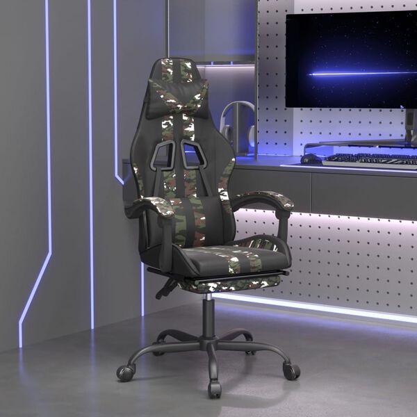 vidaXL Chaise de jeu pivotante repose-pied Noir camouflage Similicuir