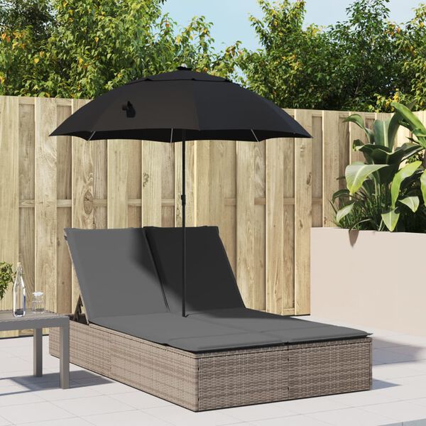 vidaXL Chaise longue double et coussins et parasol gris résine tressée