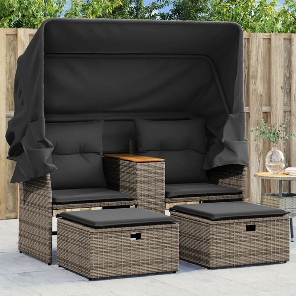 vidaXL Canap&eacute; de jardin 2 places avec auvent et tabourets gris rotin
