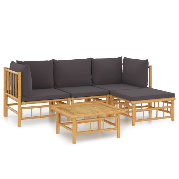 vidaXL Salon de jardin 5 pcs avec coussins gris fonc&eacute; bambou