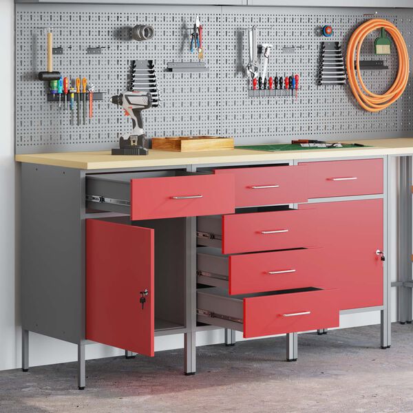 vidaXL Placard de travail 3 pcs Rouge et Gris 75 x 45 x 85 cm
