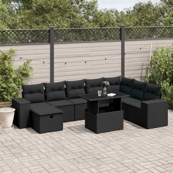 vidaXL Salon de jardin 9 pcs avec coussins noir résine tressée